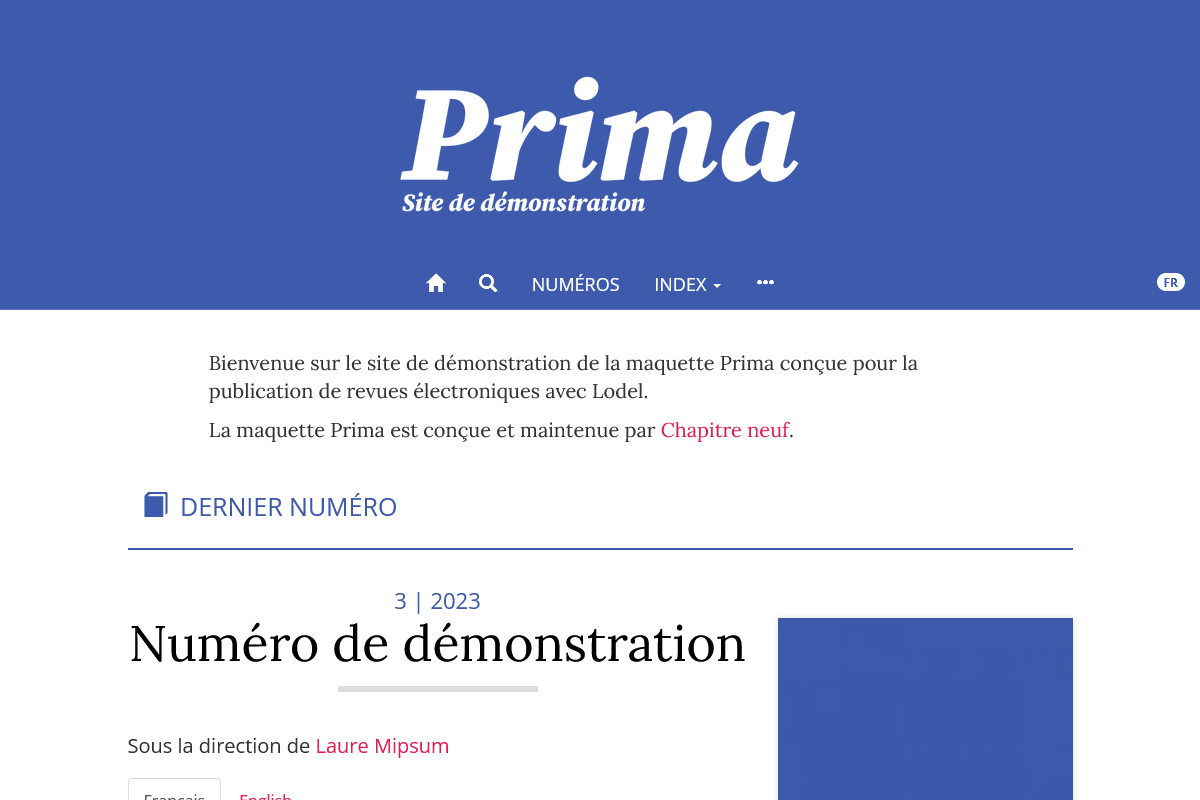 Page d'accueil d'un site utilisant la maquette Prima