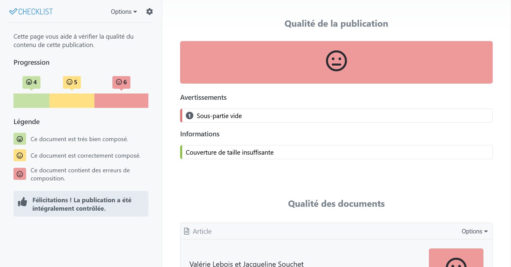 Copie d’écran d’OpenEdition Checklist